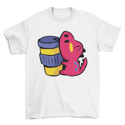 adorable Kawaii dinosaur with coffee cup t-shirt