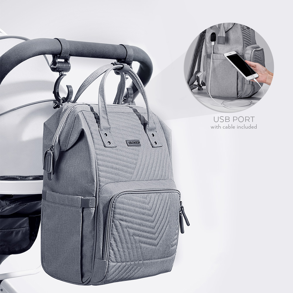 Upgraded Functional and Stylish Quilted Diaper Bag with USB Port